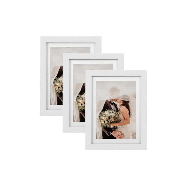 Fényképkeretek, 3 db-os készlet, 15,6 x 20,7 cm, modern, falra és asztalra, fa keret, 2 képméret, Fehér