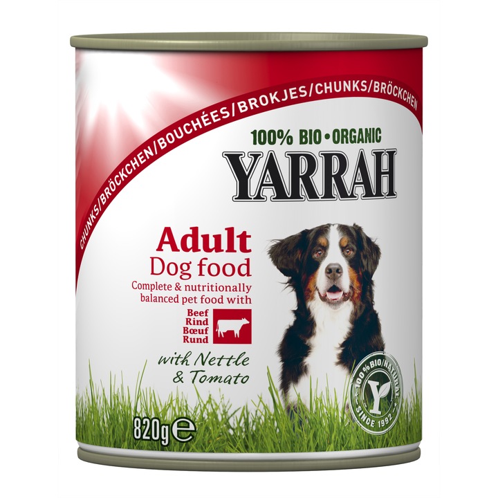 Mancare organica pentru caini Yarrah, Vita, Urzici/Rosii, 820 g