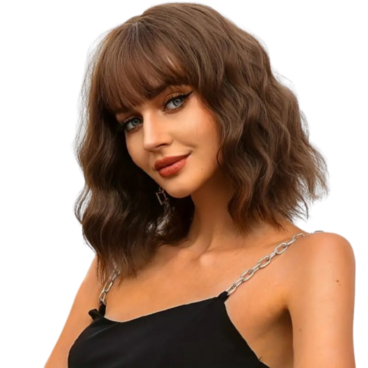 Peruca bob Maro Ciocolatiu, Animis Beauty®, fibra sintetica cu aspect natural, par mediu ondulat, cu breton, 36 cm