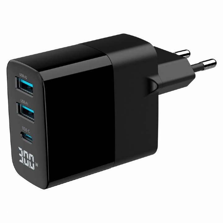 GEMBIRD 220V tápegység, univerzális, 1 x USB Type-C D 30W, 2 x USB-A 3.0 QC 18W, LCD kijelző, GaN technológia, fekete