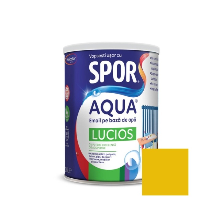 Email pentru lemn / metal, Spor Aqua lucios, interior / exterior, pe baza de apa, galben solar, 0.6 L