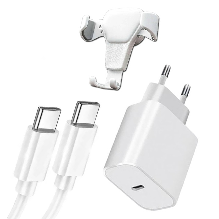 20 W-os töltőkészlet, USB-C kábel és univerzális autós tartó, USB-C Android és Apple iPhone 15 / 15 Pro / 15 Pro Max telefonokhoz, kompatibilis Samsung, Huawei, Xiaomi, Allview, Oppo, FastCharge 20 W, 1 m, PriStyle® , Optika fehér