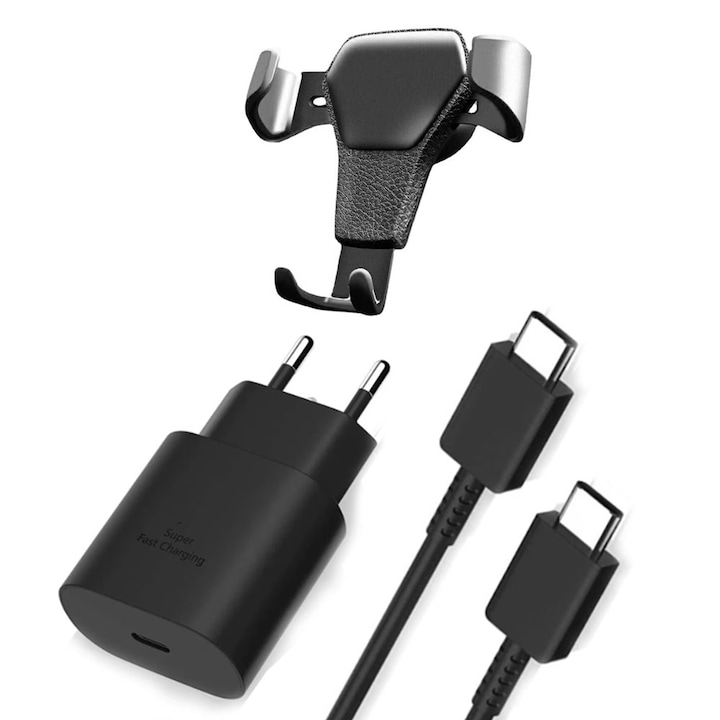 25 W-os töltőkészlet, USB-C kábel és univerzális autós tartó, USB-C Android és Apple iPhone 15 / 15 Pro / 15 Pro Max telefonokhoz, kompatibilis Samsung, Huawei, Xiaomi, Allview, Oppo, FastCharge 25 W, 1 m, PriStyle® , Fekete