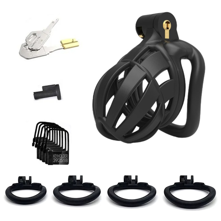 Клетка за пенис за BDSM, Night Fantasy, 4 пръстена за регулиране, Черен, 50x37 мм