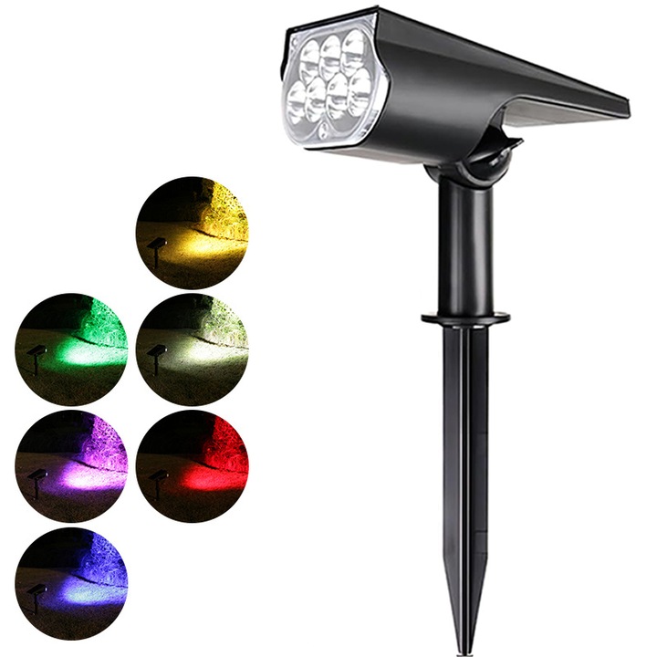 Соларни RGB прожектори, 7LED, IP65, RGB, батерия 3.7V/1200mAh литиево-йонна батерия, регулируем ъгъл на осветяване 150°, за външно и вътрешно осветление, черни