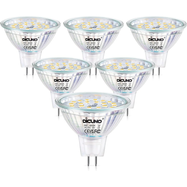 Комплект от 6 LED крушки DiCUNO, GU5.3, 5W, цвят Неутрално бяло 4000K, 500 LM, 12V, Ъгъл на фокусиране 120°
