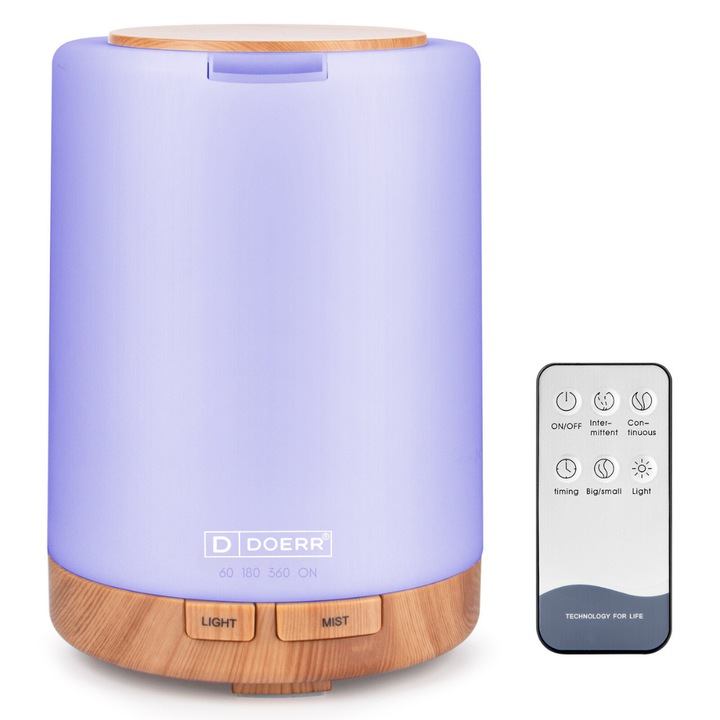 Illóolaj diffúzor, Aromaterápia, Doerr, AirCalm LED-del, 7 szín, Párásító, Időzítő és Auto-Off biztonsági kapcsoló, Űrtartalom 300 ml, Barna