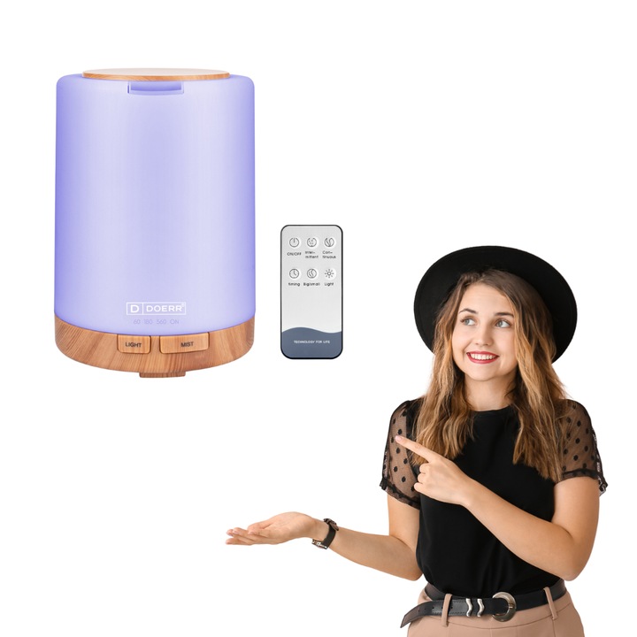 Difuzor de uleiuri esentiale, Aromaterapie, Doerr, AirCalm cu LED, 7 color, Umidificator, Timer si comutator de siguranta Auto-Off, Capacitate 300ml, Maro