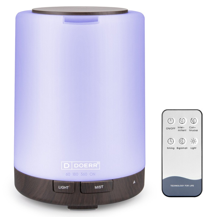 Illóolaj diffúzor, Aromaterápia, Doerr, AirCalm LED-del, 7 szín, Párásító, Időzítő és Automatikus Kikapcsolás biztonsági kapcsoló, Űrtartalom 300ml, Fekete