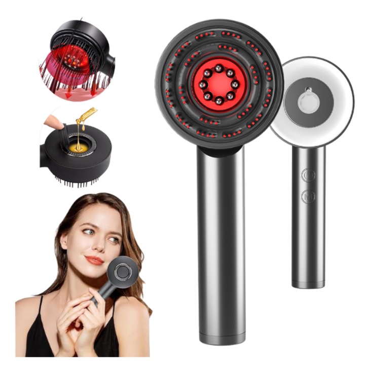 Többfunkciós hajregeneráló kefe, fejbőrmasszázs, elektromos, vörös és kék fényterápia 850 nm, olajos applikátor, csökkenti a hajhullást és serkenti a hajnövekedést, termikus kompresszió, 3 intenzitási fokozat, hordozható, MBA SHOP