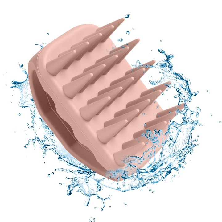 Perie de masaj pentru scalp, usor de curatat, stimuleaza scalpul, samponare si curatare scalp si matreata, stimulare crestere par, 25 varfuri de silicon moale, roz
