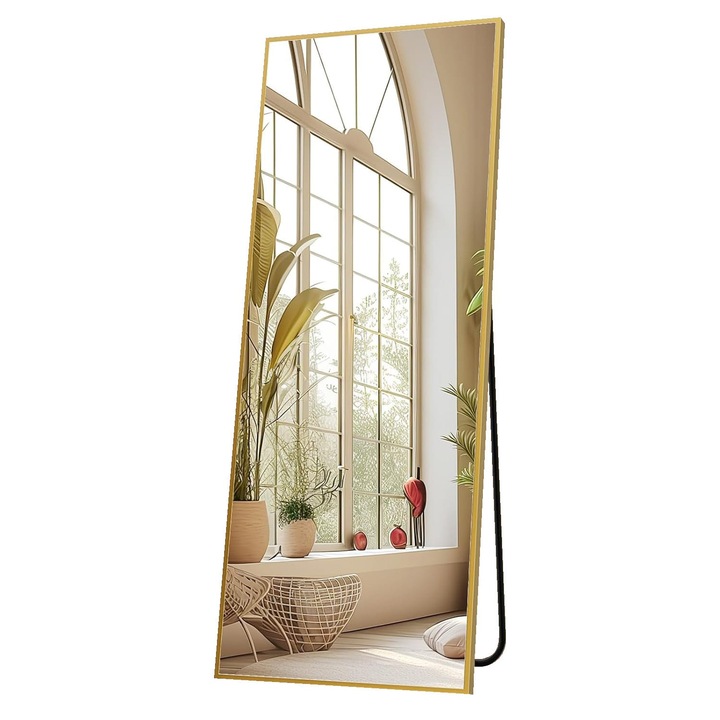 Oglinda de Podea Aurie Elindor® Decorativa, Verticala, Dreptunghiulara, Eleganta, cu Suport Rabatabil, Montaj pe Perete sau Podea, Ideala pentru Dormitor, Living, Birou, Hol Dressing sau Nunta, Perfecta pentru Mireasa, Rama din Aluminiu, 150x40 cm