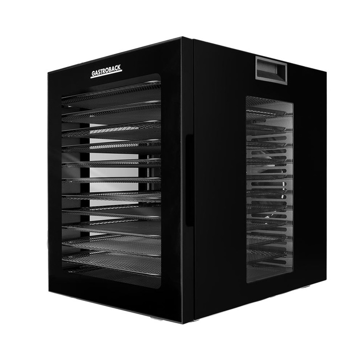 Deshidrator alimente XXL Gastroback, Vision Pro, ideal pentru chipsuri din fructe/legume, batoane de cereale, vita uscata, 10 programe automate, 12 trepte putere, temperatura reglabila 35-75°C, suprafata de deshidratare 28.7x28.7 cm, timer 48h, negru