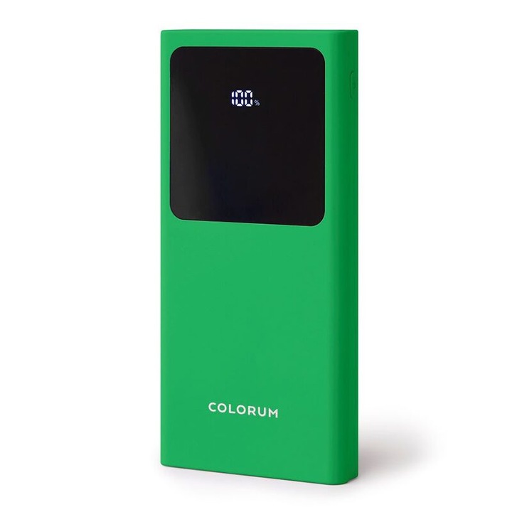 Powerbank Colorum Green, vékony, 10000 mAh, USB-C / USB-A csatlakozó, 22,5 W, LED kijelző