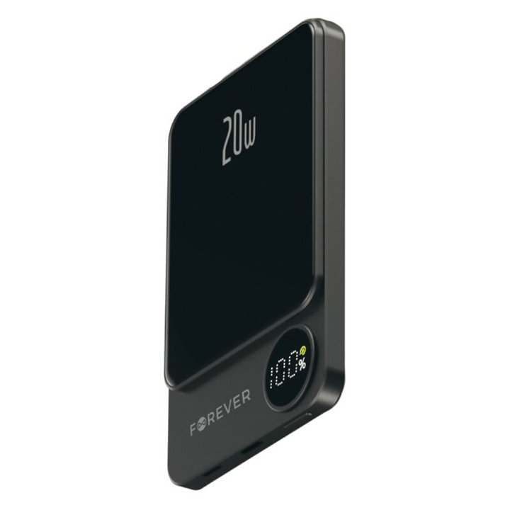 Powerbank Ultra vékony, vezeték nélküli induktív töltés 5000 mAh, 2x USB, USB-C, fekete, 20 W, LED kijelző