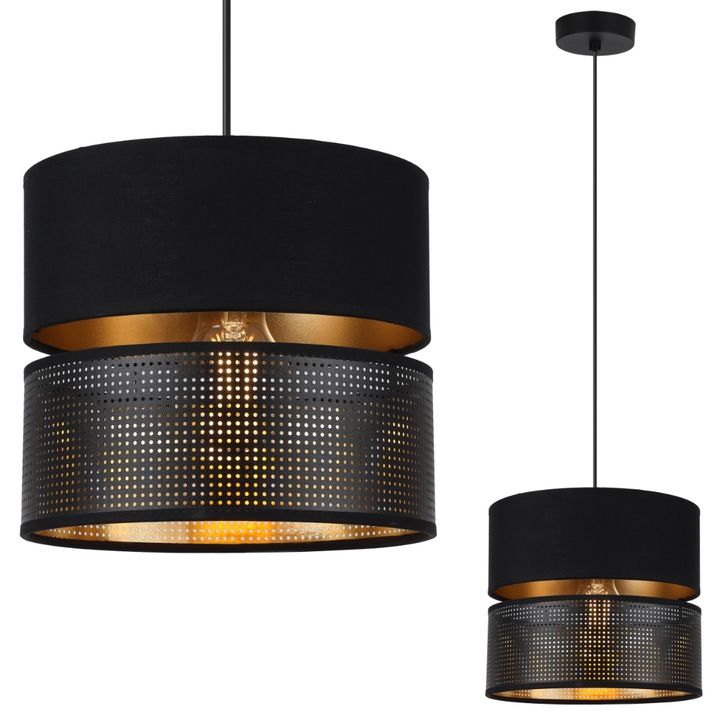 Lampa suspendata, LightHome, Asti, 20x18cm, Reglarea inaltimii, Clasa A, Rotund, Tesatura, E27, 230V, 60W, Negru/Auriu