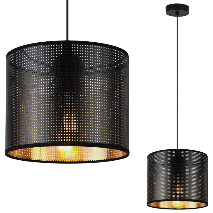 Lampa suspendata, LightHome, Asti, 20x15cm, Reglarea inaltimii, Clasa A, Rotund, Tesatura, E27, 230V, 60W, Negru/Auriu