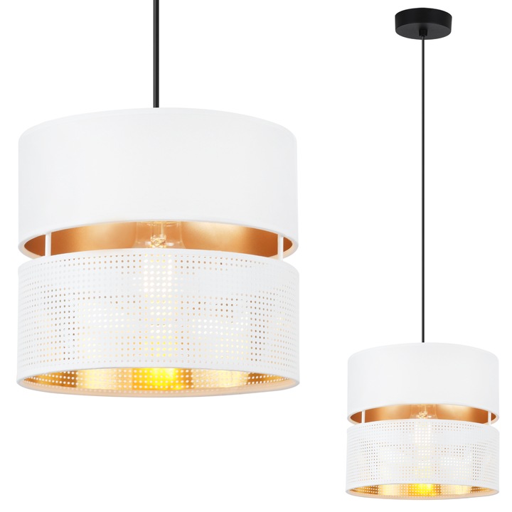 Lampa suspendata, LightHome, Asti, 20x18cm, Reglarea inaltimii, Clasa A, Rotund, Tesatura, E27, 230V, 60W, Alb/Auriu/Negru