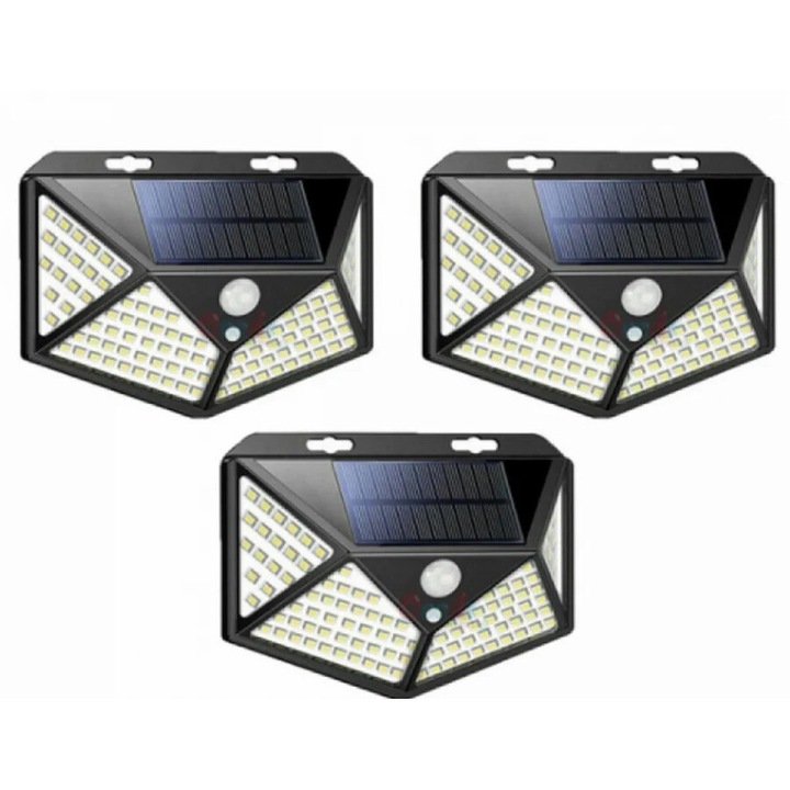 Set 3 lampi cu incarcare solara, puternice, 100 LED-uri, Negru, senzor de miscare