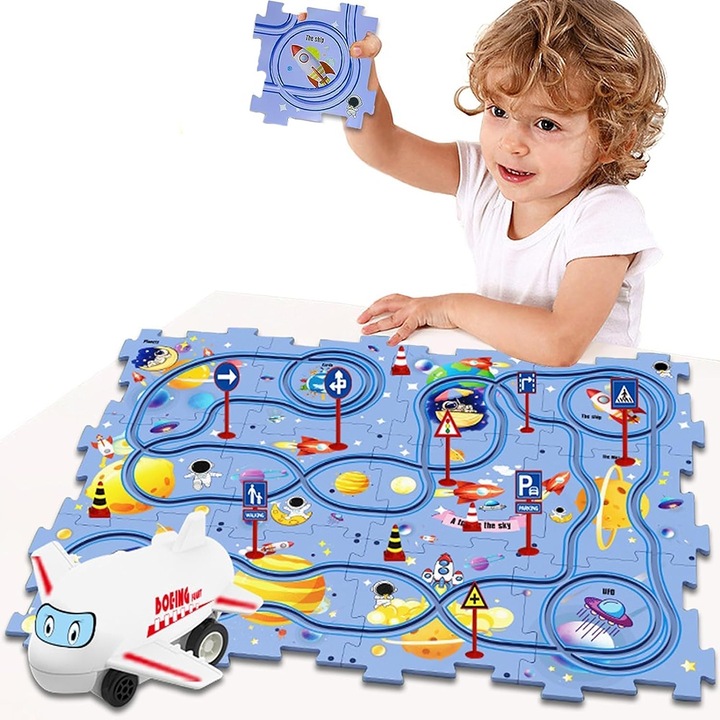 Montessori versenypálya játékkészlet, BOMSTOM, 25 darab, autóval, puzzle versenypályával, közlekedési táblákkal és többféle kombinációval, sötétkék színben