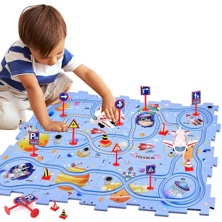 Puzzle Multifunctional Educational Pentru Copii, BOMSTOM, Set de 25 de piese, Model Aerodrom，Cu Masina, Imagini Spatiale si Semne de Circulatie, Jucarie interactiva, ABS，+3, Albastru