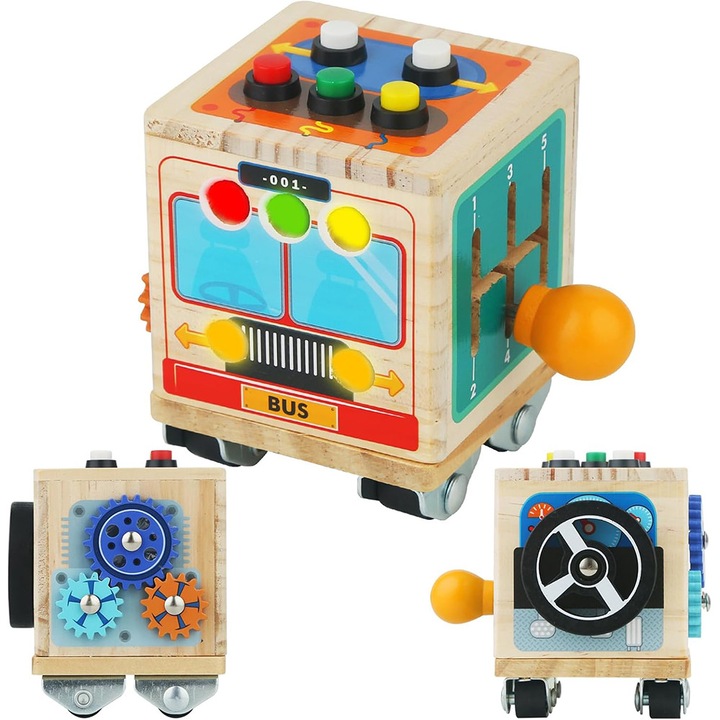 Jucarie educativa Montessori din lemn, BOMSTOM, 6 in 1，Cub de activitati pentru masina, 5 lumini LED, stimulare multisenzoriala, sigur si netoxic, portabil, 7 x 7 x 10 cm, multicolor，3+ ani