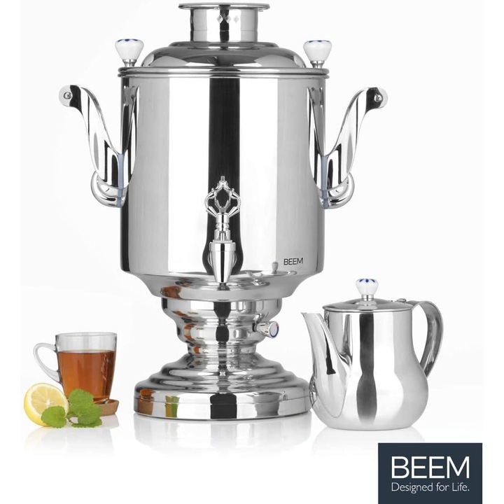 Fierbator electric profesional BEEM, Samovar Katharina, ideal HoReCa, pentru ceai, cafea si alte bauturi calde, capacitate recipient 15 litri, ceainic 2 litru, ajustare temperatura, robinet cu turnare usoara, design premium si elegant, inox