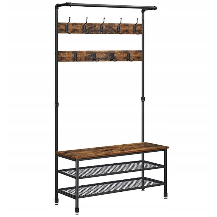 Закачалка за антре, Songmics, Пейка, 2 рафта за обувки, Дърво/Метал, Размери 183x41, 5x100 см, Черно/Дърво