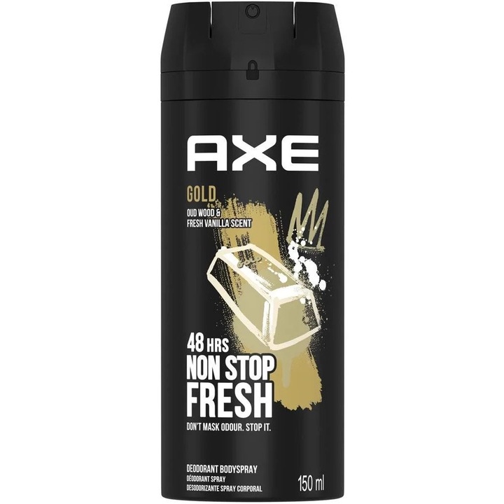 Deodorant spray Axe, Gold, 150ml, lemn de agar si vanilie intunecata, 24h protectie