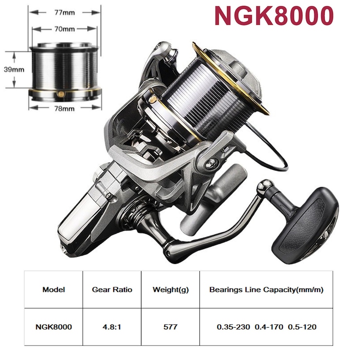 Въртяща се макара за риболов, Hggzeg, Макара за риболов, NGK8000, Метална макара, Лагери от неръждаема стомана, ABS хапчета за захващане, Коефициент на възстановяване 4,8:1, Статична сила на съпротивление 20 kg, Устойчив на износване, Сплав, Сребро