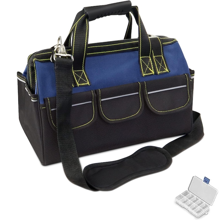 Чанта-органайзер за инструменти, Hggzeg, Чанта за инструменти, С презрамка, Кутия за съхранение, Бърз достъп до инструменти, Дизайн с широк цип, Множество вътрешни и външни джобове, Водоустойчива твърда основа, Оксфорд, 38 x 21 x 26 см, Син/Черен