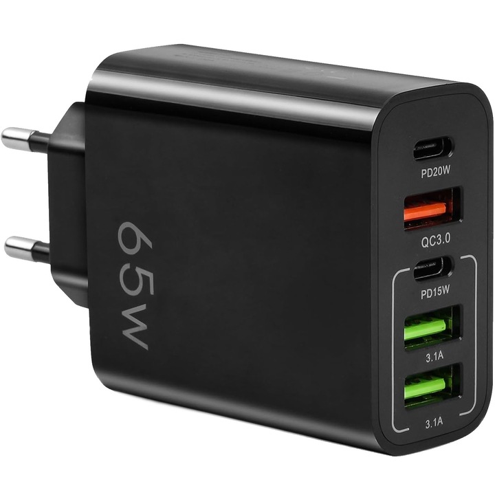 Incarcator usb-c, Hggzeg, Incarcator retea, Incarcator super fast charger 65W, 3 x USB, 2 x Type-C, 5V/7.2A, 9V/4.0A, Universal compatibil iPhone, Huawei, Samsung, Xiaomi, Plastic, 2.5 x 5.5 x 10cm, Negru