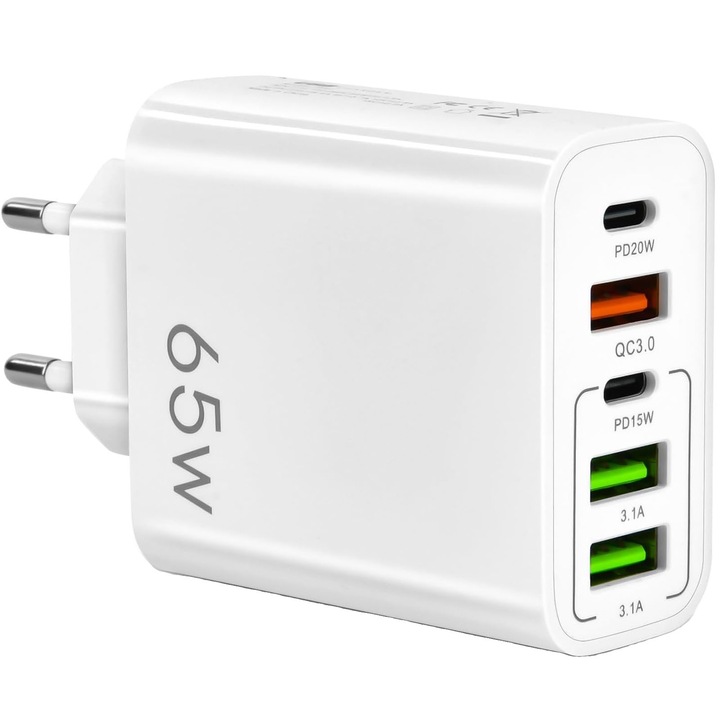 USB-C töltő, Hggzeg, hálózati töltő, szupergyors töltő 65 W, 3 x USB, 2 x Type-C, 5V/7.2A, 9V/4.0A, Univerzális kompatibilis iPhone, Huawei, Samsung, Xiaomi, műanyag, 2,5 x 5,5 x 10 cm, fehér