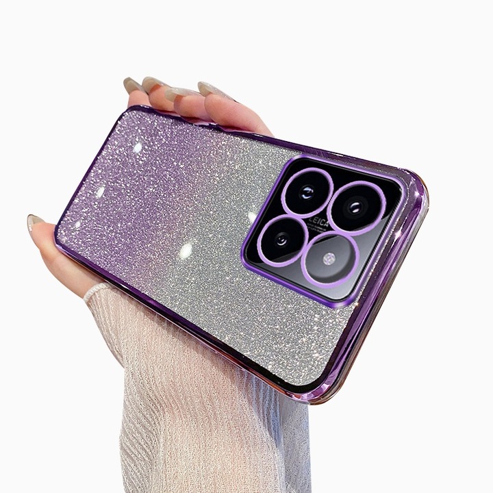 Husa de protectie compatibila cu Xiaomi 14T Pro, Anti-soc, Decupaje Precise, TPU, Margini galvanizate si card de sclipici integrat, Mov