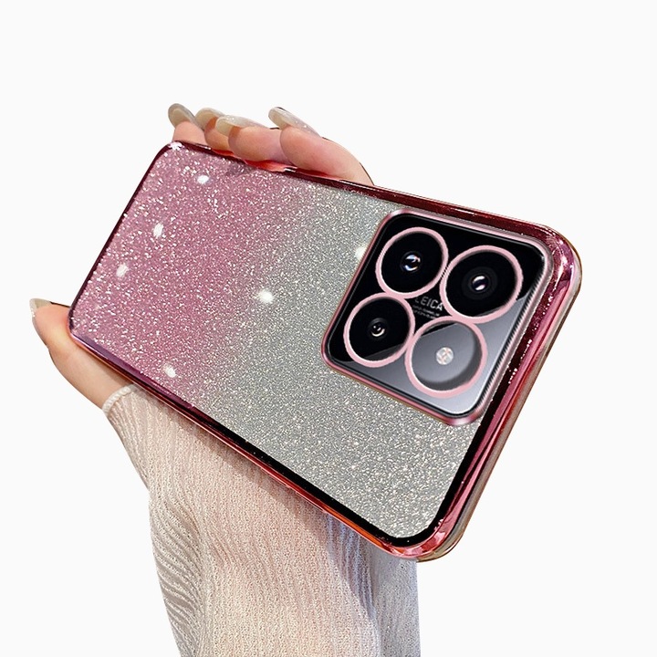 Husa de protectie compatibila cu Xiaomi 14T, Anti-soc, Decupaje Precise, TPU, Margini galvanizate si card de sclipici integrat, Roz