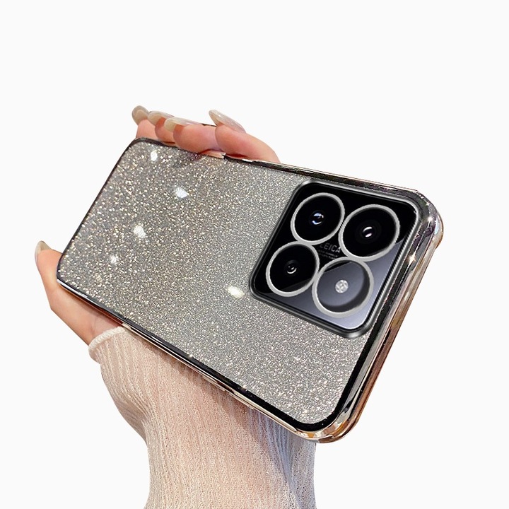 Husa de protectie compatibila cu Xiaomi 14T, Anti-soc, Decupaje Precise, TPU, Margini galvanizate si card de sclipici integrat, Arginitiu