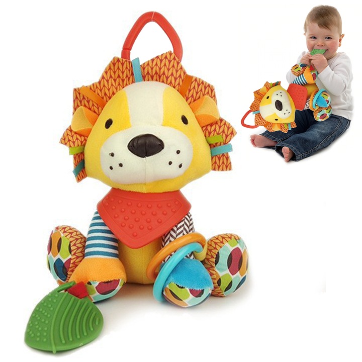 Jucarie interactiva, fara BPA, cu mai multe puncte masticabile, cu sunete, cu texturi senzoriale, ideale pentru dentitie, dezvoltarea abilitatilor motrice, coordonarii sau atentiei, in forma de animale simpatice, Multicolor/Galben