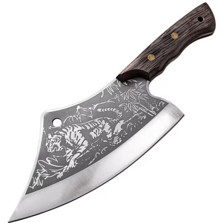 Cutit profesional japonez, tip satar, cu maner ergonomic din lemn, lama curbata forjata, otel inoxidabil, cutitul macelarului, pentru bucatarie, tocare, feliere si dezosare, husa inclusa