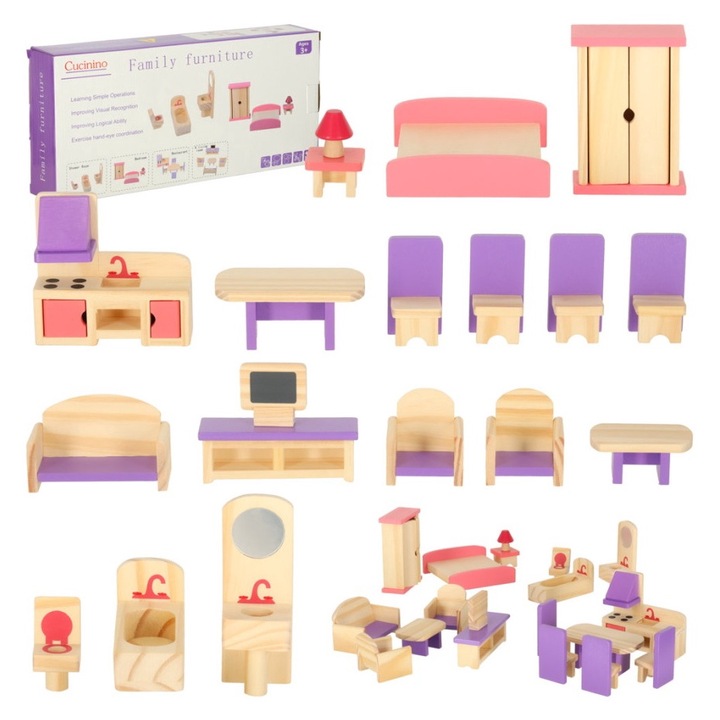 Set mobilier de jucarie din lemn pentru Casuta Papusilor, mov