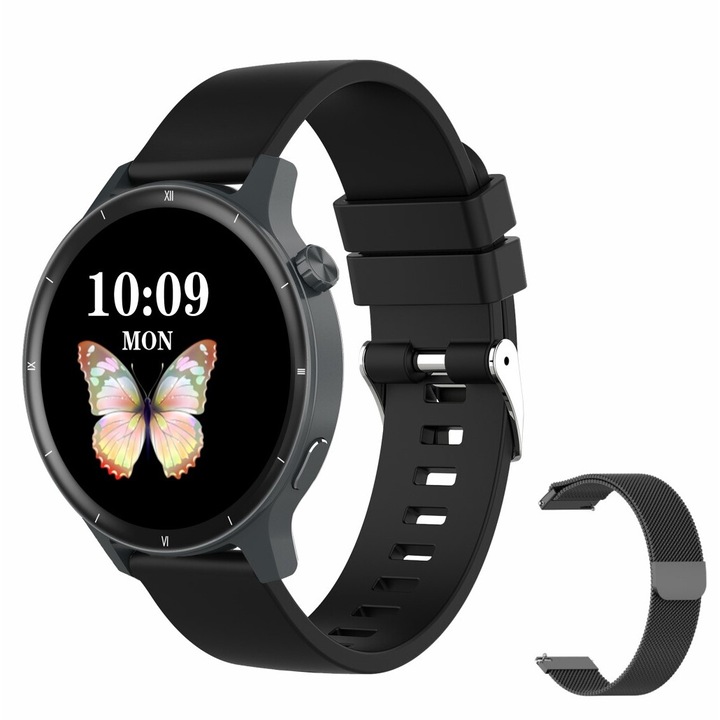 Smartwatch Techbasics® VibePro, Bluetooth 5.3 разговори, 1,39", HD микрофон, Известия за обаждания и социални мрежи, Мониторинг на здравето, Мониторинг на съня, Спорт, фитнес режими, Безжично зареждане, Водоустойчив IP68, 2 гривни, Унисекс, Черен