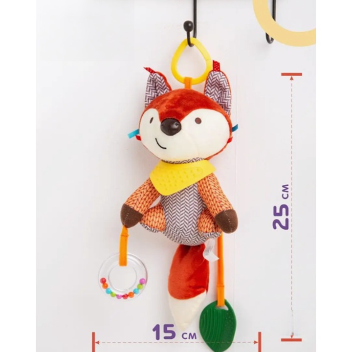 Vulpe interactiva de plus, din material moale si placut la atingere, pentru carucior, baby gym sau patut, jucarie senzoriala pentru stimularea simturilor si dezvoltarea timpurie a bebelusilor, portocalie, +0 luni, cadou baieti si fete, Teona Concept