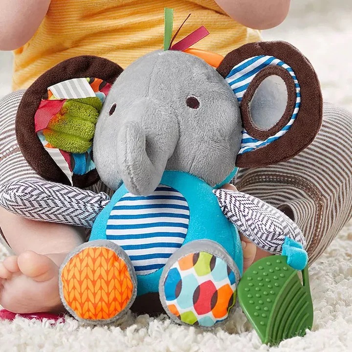 Elefant din plus moale, placut la atingere, interactiv, pentru carucior, baby gym sau patut, jucarie senzoriala pentru stimularea simturilor si dezvoltarea timpurie a bebelusilor, albastru, +0 luni, cadou fete si baieti, Teona Concept