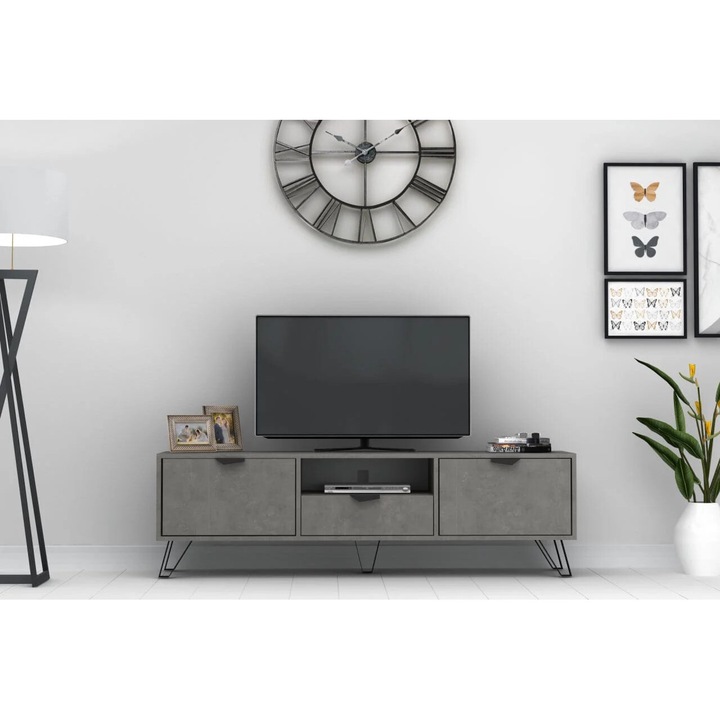 Comoda TV din pal, plastic si metal cu 2 usi, Jasmine Gri / Negru, l170xA35xH50 cm