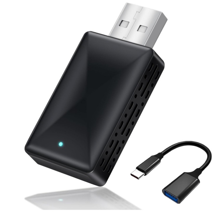 Adaptor Wireless CarPlay & Android Auto 2-in-1, transforma conexiunea prin cablu in wireless, USB Adaptor, Bluetooth si WiFi, Plug and Play, auto connect, Sincronizare rapida, 49x22.5mm, Negru