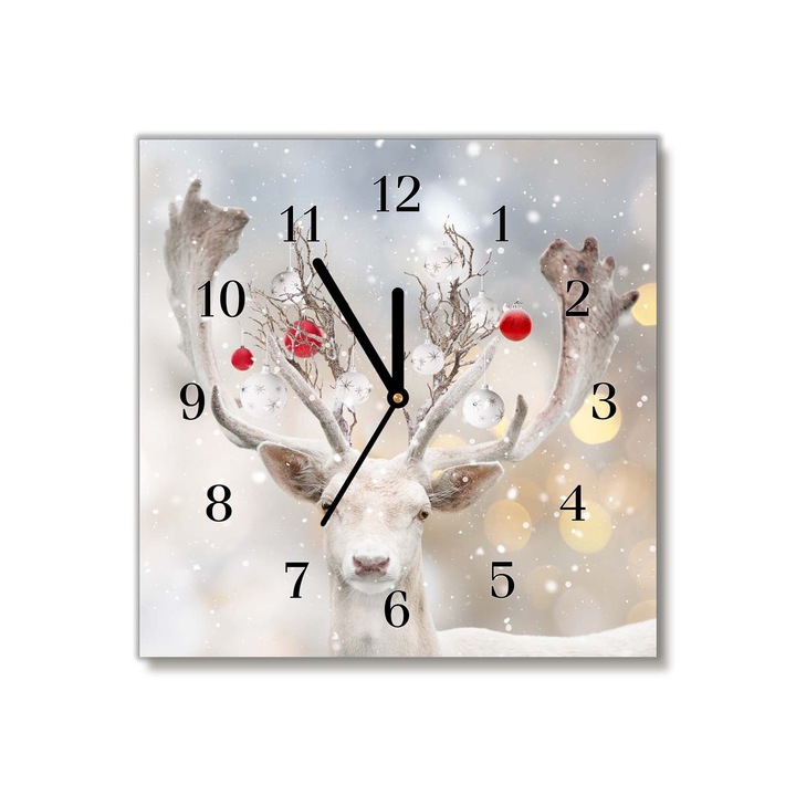 Tulup, Ceas de perete din sticla, Reni albi.Balugari de Craciun, 30x30 cm