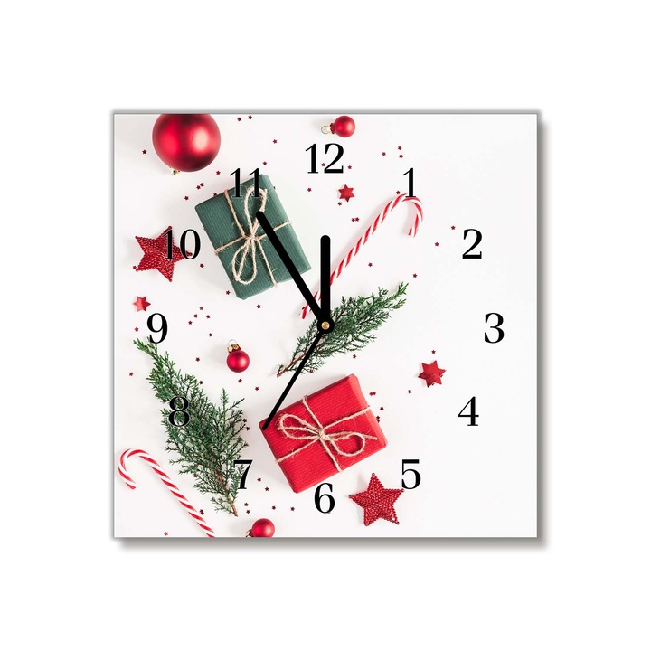 Tulup, Ceas de perete din sticla, Cadou. Dulciuri. Bile de Craciun, 30x30 cm