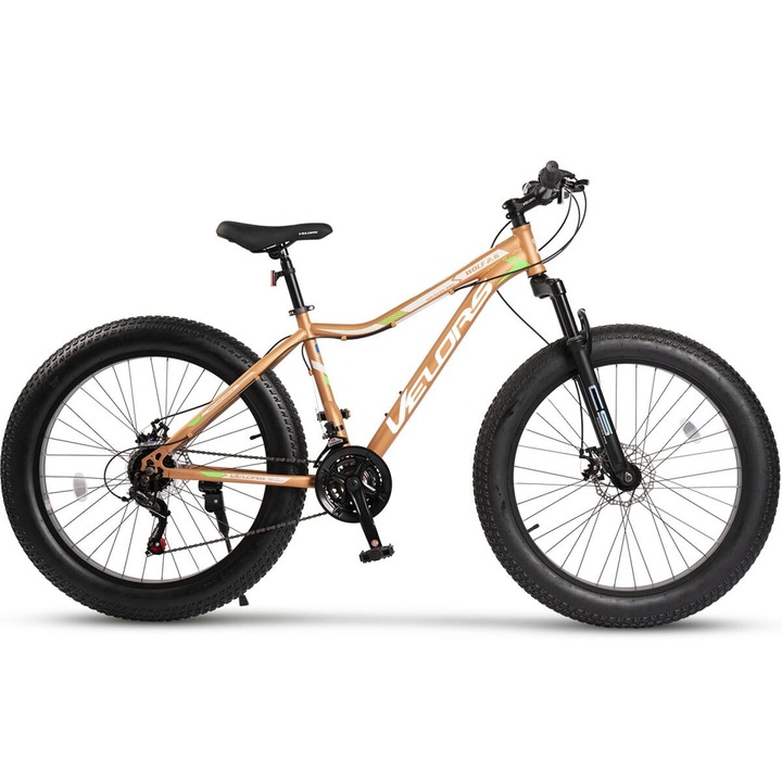 Bicicleta Fat-Bike Wolf Velors V2605D, Schimbator Shimano Tourney 21 Viteze, Roti 26 Inch, Frane pe Disc, Maro/Alb/Verde