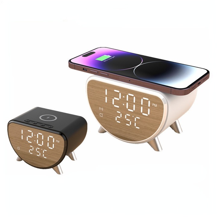 Óra, hőmérséklet kijelző, 15W vezeték nélküli töltő, okos ébresztő, fekete