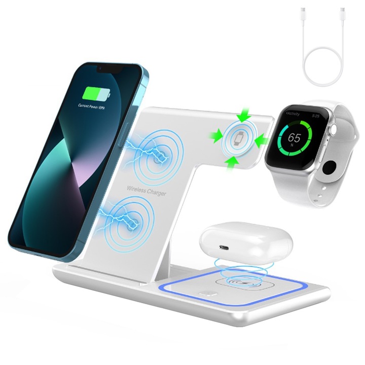 Incarcator Wireless Pliabil 3in1, SINBINTA, 15W QI Fast Charge, Indicator, Protectie la suprasarcina, Usor de transportat, Pliabil, Compatibil cu apple watch, casti, ipone si android, ABS, 175x165x16mm, Alb