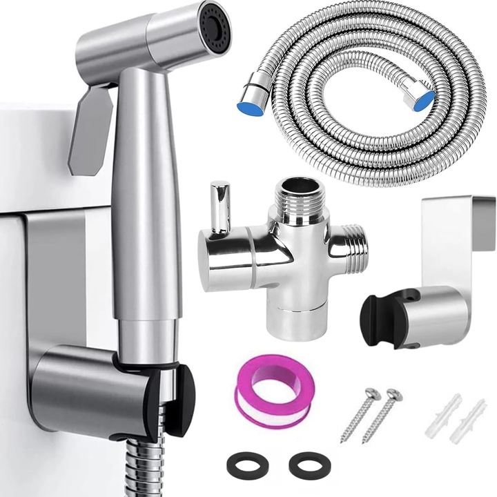 Set 11 de Pulverizare A Vasului de Toaleta, SINBINTA, Dus de Mana Pentru Bidet, Para Cap de Dus, Include un furtun de 1.2 m, supapa in T de si accesorii montaj, Reglaj apa, Pentru igiena personala, Inox, Argintiu